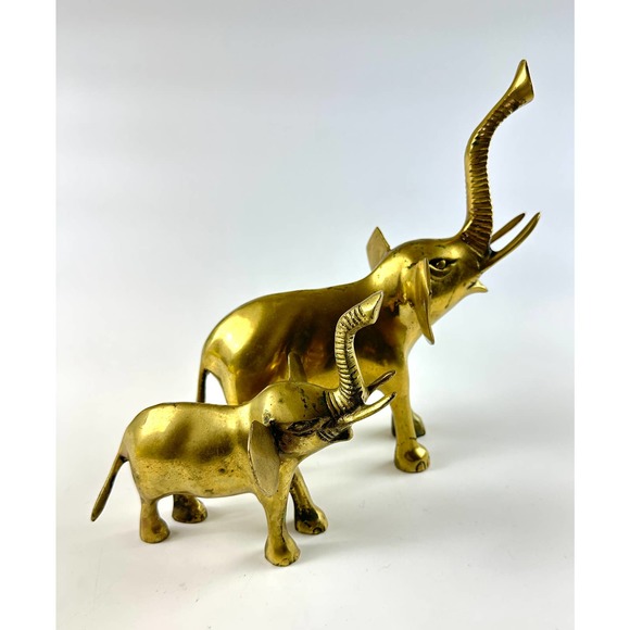 Vintage Solid Brass Elephant Statues Figurines Adult And Baby Trunk Up Good Luck - Picture 2 of 15